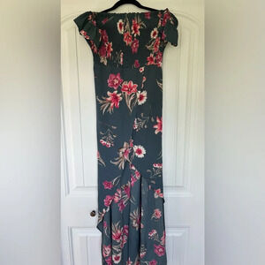 Windsor Green and Pink Floral High Low Maxi‎ Dress with Off Shoulder Sleeve
